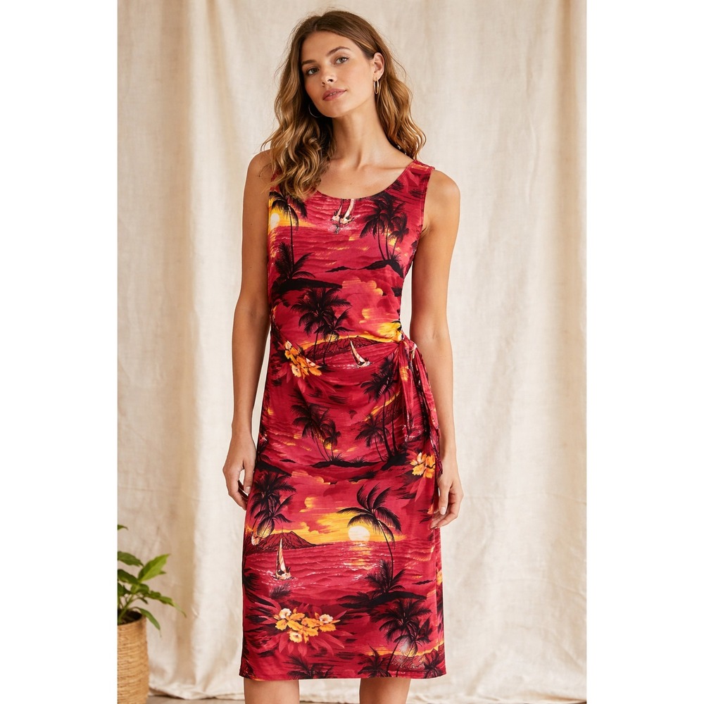 Vintage‎ Hawaiian Red Tropical Print Dress Size 2X Faux Wrap Sleeveless USA